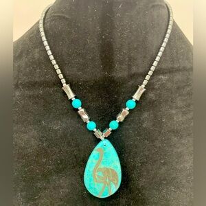 18-inch Necklace with Turquoise Colored Stone with Flamingo and malachite beads